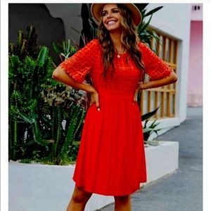 Orange Half Sleeve Lace Overlay Midi Dress